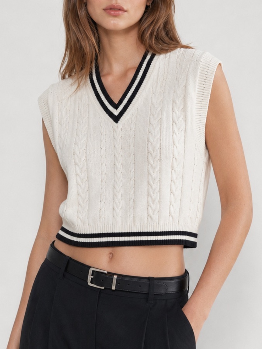 Aritzia Sunday Best Winston Sweater Vest Merino Wool Cable Knit Cream Black Sz L